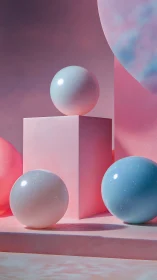 Pastel 3D spheres arranged around geometric pedestal shapes.