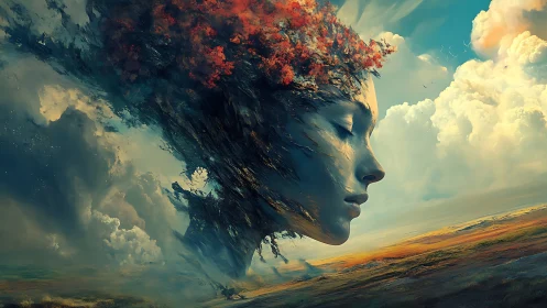 Colossal serene face merges with clouds above open landscape