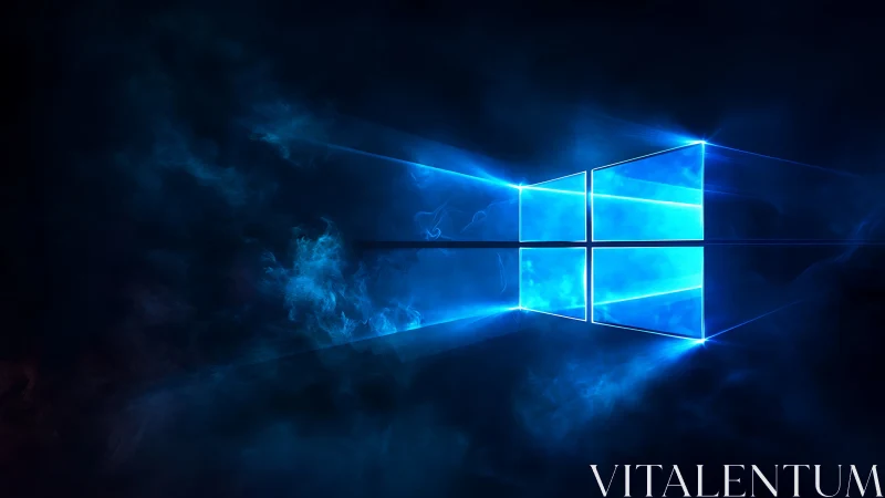 Glowing rectangular window logo emits blue light in darkness