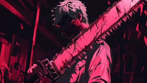 Masked anime fighter gripping bloodstained chainsaw blade.