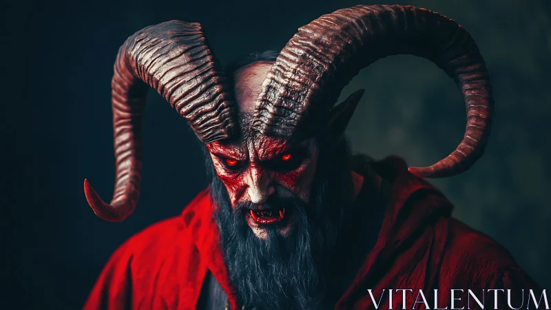 Horned dark figure in red cloak with glowing eyes.