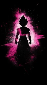 Silhouetted warrior in neon magenta energy burst on black field