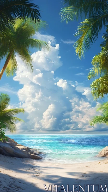 Tropical Coastal Landscape Rendered with Volumetric Cloud Illumination and Shallow Water Refraction 