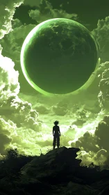 Saiyan silhouette under jade moonstorm skies of destiny.
