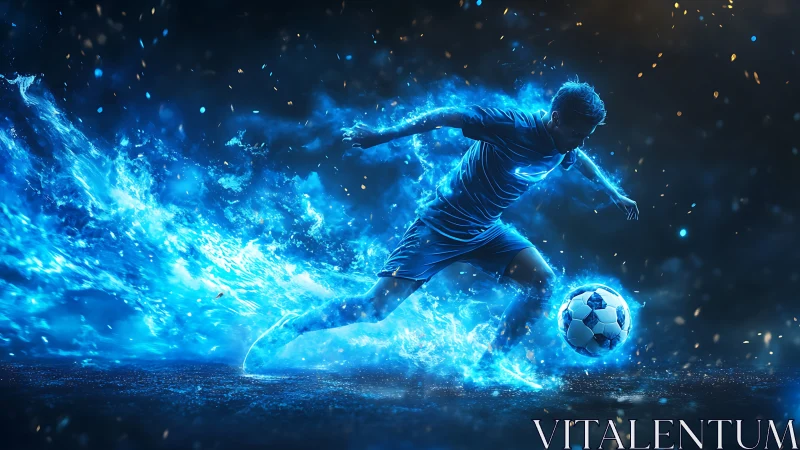 Soccer player charged with electric blue energy during sprint