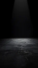 Focused overhead spotlight on wet concrete floor in darkness.