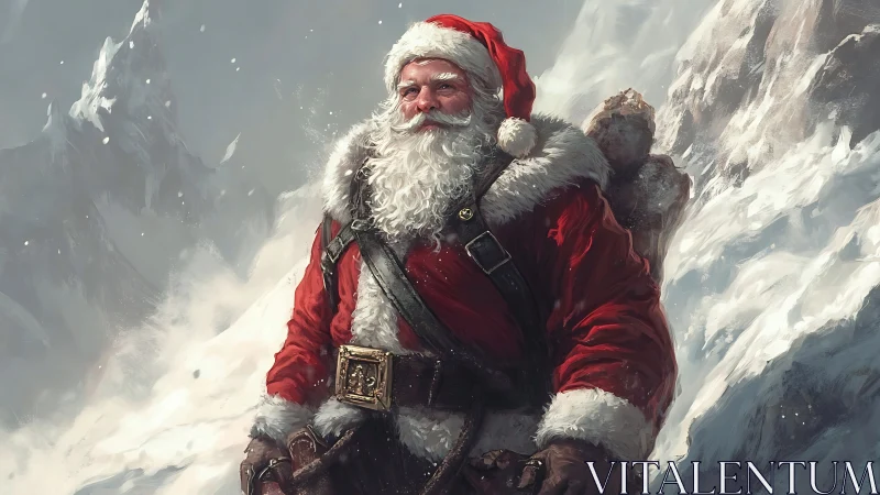 Santa warrior strides through stormy alpine snowscape.