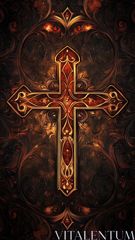 Ornate fiery cross on dark swirling embossed background.