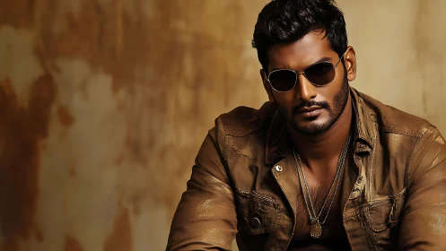 Man in brown jacket and sunglasses against warm backdrop.