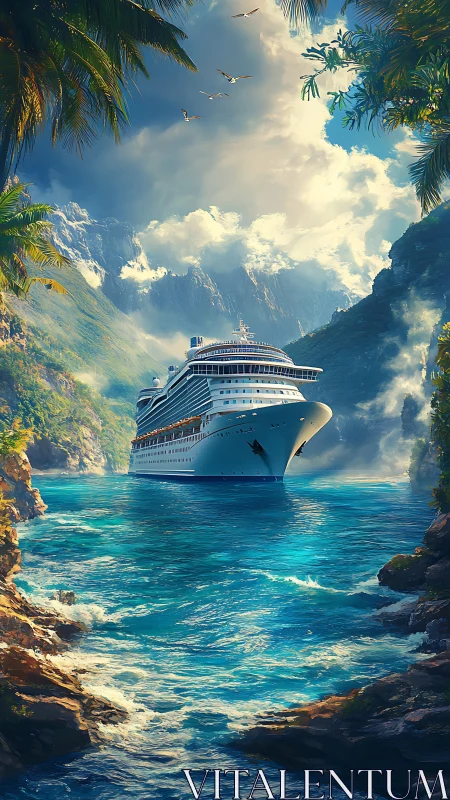 Ocean liner transiting luminous fjord under stratified clouds.