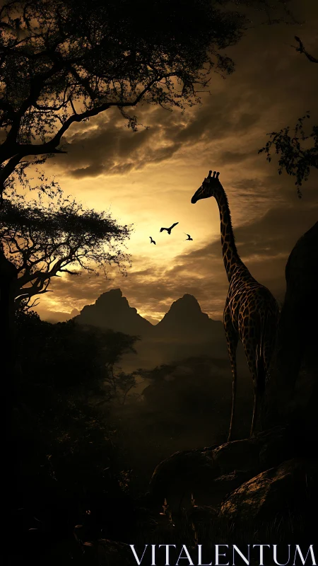 Gentle giraffe watching golden dusk over quiet savanna.