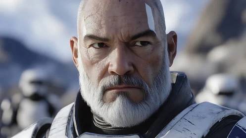 Battle-hardened commander glares in icy mountain stronghold.