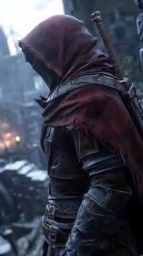 Mysterious hooded wanderer poised in a misty medieval street.