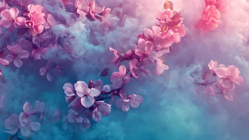 Pink blossoms suspended in soft pastel misty clouds.
