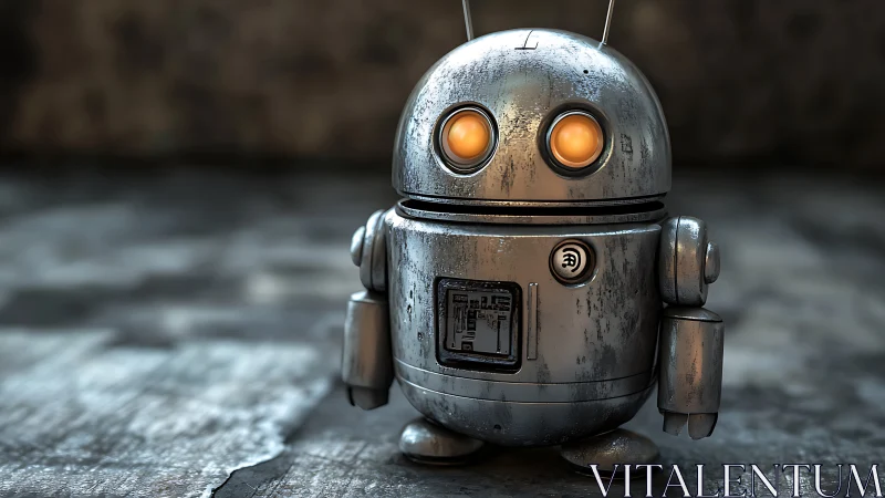 Weathered spherical service robot with illuminated optical cores.