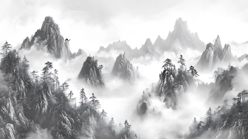 Misty monochrome mountains with pine-covered rock peaks.