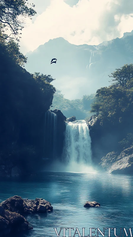 Misty mountain waterfall pours into a tranquil blue lagoon