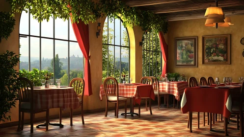 Sunlit restaurant interior with red checkered table settings.