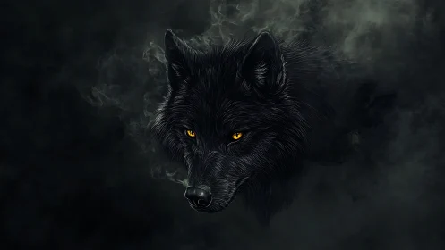 Luminous-eyed black wolf emerging from volumetric shadowed smoke.