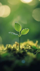 Macro seedling with dew droplets against soft bokeh field.