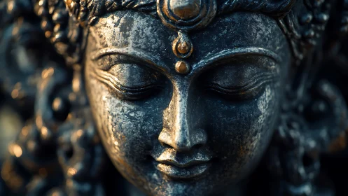 Serene metal goddess sculpture in dramatic closeup light.