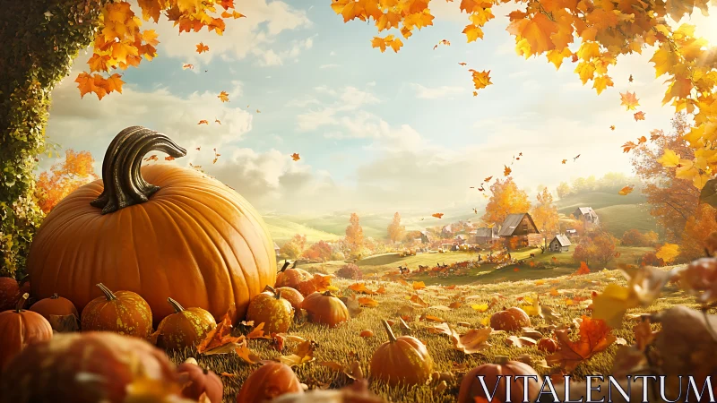Large foreground pumpkin dominates an autumn rural landscape