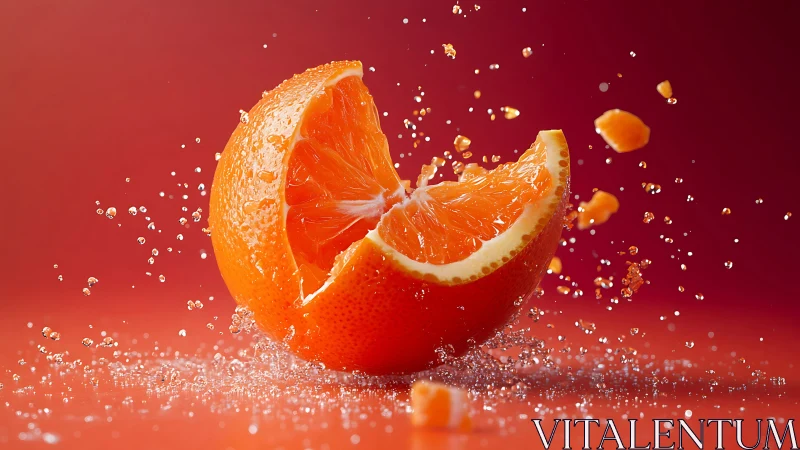 Orange slice explosion against red background in motion.