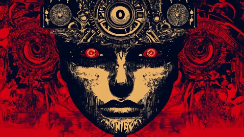 Cybernetic human face with mechanical halo in red field.
