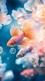 Bokeh-rendered twin goldfish with translucent fins in drift.