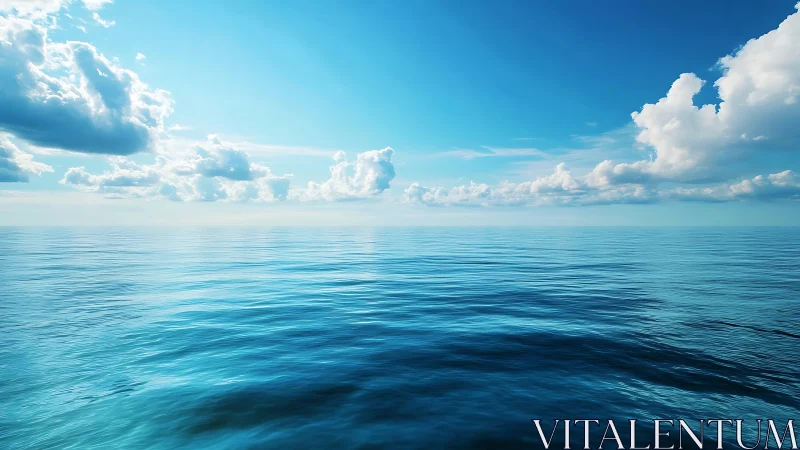 Calm blue ocean horizon under expansive cloud filled sky