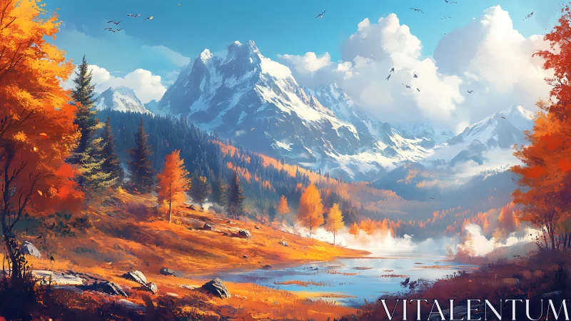 Golden autumn valley beneath bright snowcapped peaks.