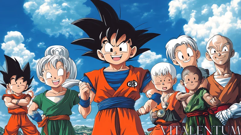 Joyful anime friends sharing a bright blue sky moment together.