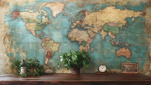 Vintage style world map mural above wooden table surface.