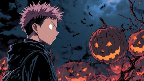 Anime boy studies glowing jack-o’-lanterns under stormy sky