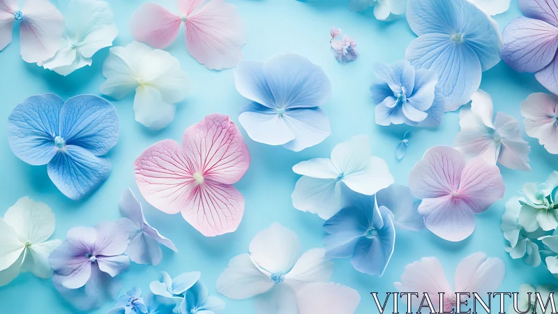 Delicate flower petals arranged on soft turquoise background
