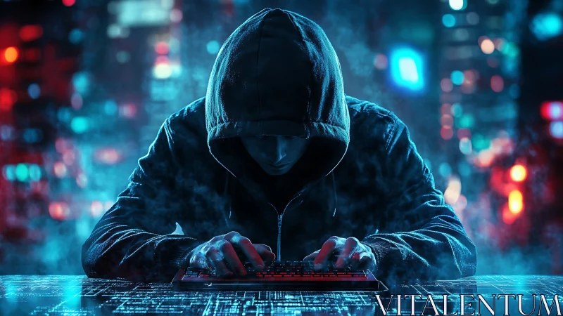 Hooded figure types on illuminated keyboard in neon cityscape