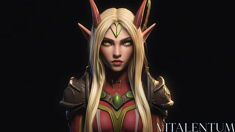 Elven warrior princess stares ahead in glowing battle armor