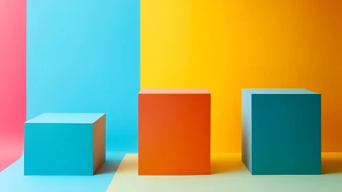 Three colored cubes stand on multicolored geometric background