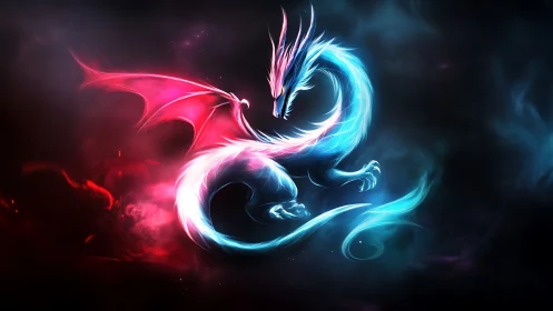 Bifurcated neon dragon in dual red cyan volumetric energy field