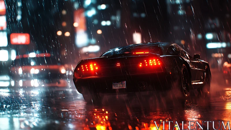 Sports car in wet neon city street during heavy rainfall.