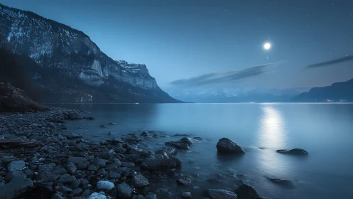 Nocturnal alpine lake shoreline with moonlit long exposure
