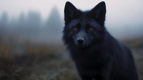 Black fox stands in misty field with soft diffused light