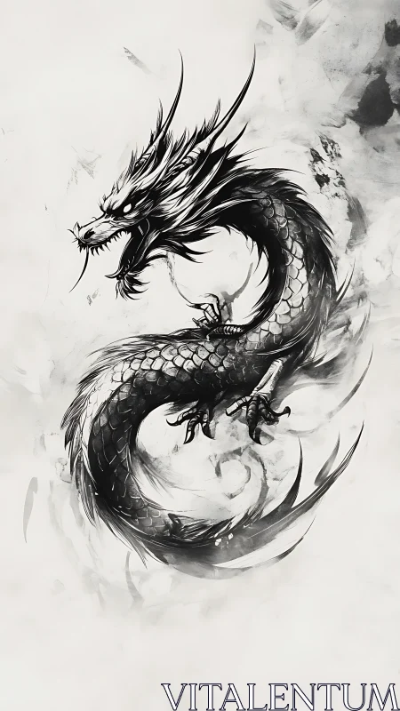 Monochrome ink illustration of coiled Eastern style dragon.