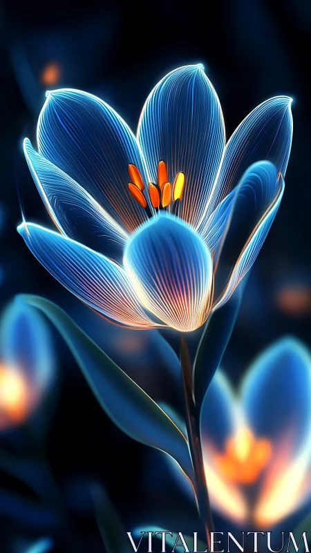 Neon Blue Glowing Flower with Orange Stamen.