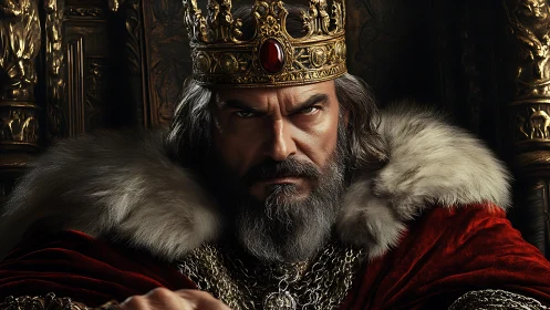 Regal medieval king portrait in crimson velvet and fur robes