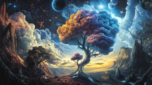 Celestial dream tree rises over surreal cosmic cliffs at dusk