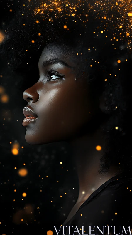 Side-profile digital portrait fusing afro silhouette and bokeh light field