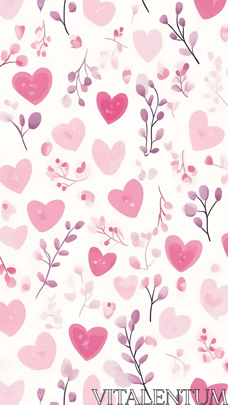 Botanical Heart Pattern with Layered Pink Tonal Gradations and Floral Branches