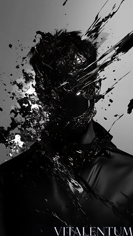 Digital portrait with splintered ink-splash facial deconstruction.