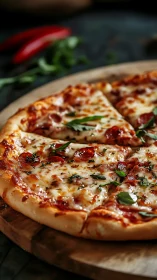 Close-up pepperoni pizza on wooden board, fresh herbs.